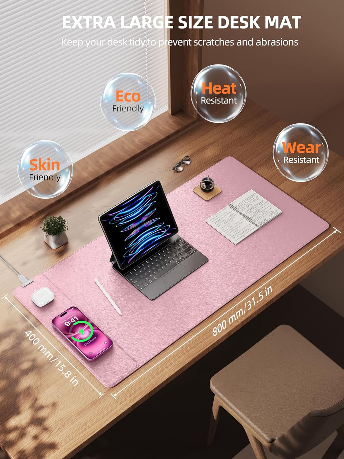TopMade Mouse Pad with 15W Wireless Charging, XXL Large Leather Desk Mat, Waterproof Gaming Mousepad Home Office Desk Pad Protector, Computer Keyboard Pad, Mouse Mat for MacBook, PC, Laptop, Black