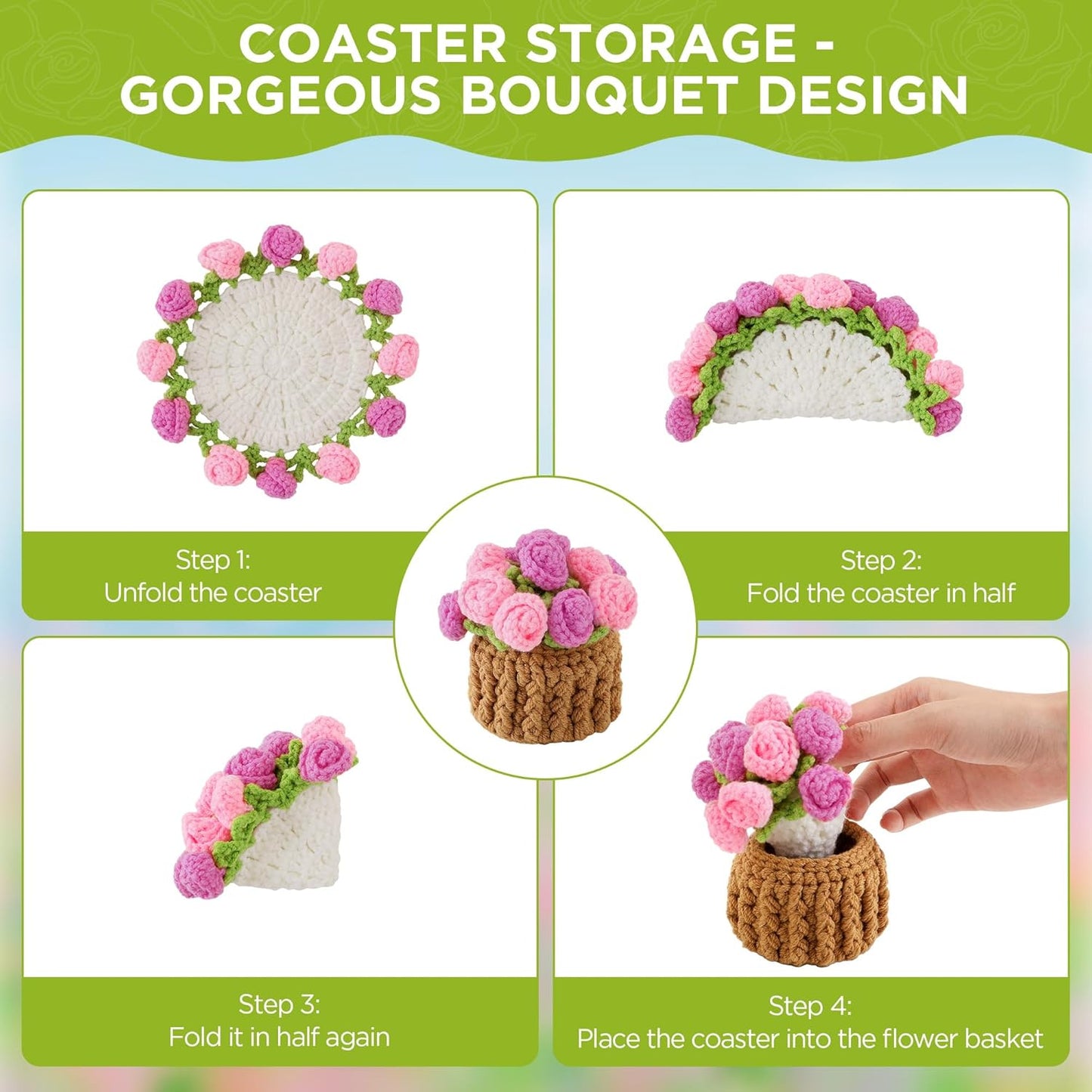 Flower Crochet Coasters, Handmade Bouquet Blanket Coaster with Crochet Plant Pot Fun Soft Decorative Drink Coasters for Coffee Tabletop Protection and Home Decor (Pink, 1Pc)