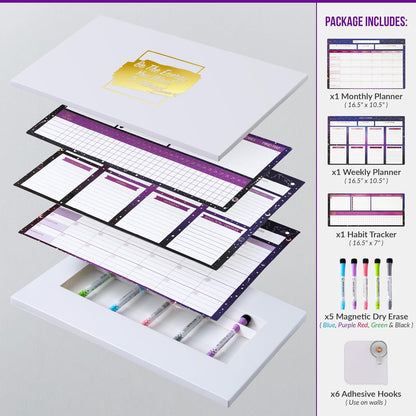 Magnetic Whiteboard for Fridge - Large Dry Erase Calendar for Wall | 2 Magnetic Dry Erase Board 10.5" x 16.5" & 7" x 16.5", Monthly Goal Setting & Habit Tracker, 5 Markers and 6 Adhesive Hooks
