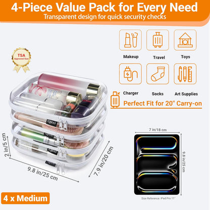 YQBRAO 6 Pack Clear Hard Shell Zipper Case, 1.2mm Heavy Duty Crush-Proof Diaper Bag Organizer Pouches, TSA Approved Travel Makeup Bag for Toiletries & Electronics, (2L, 2M, 2S) Multi-Size Storage Set