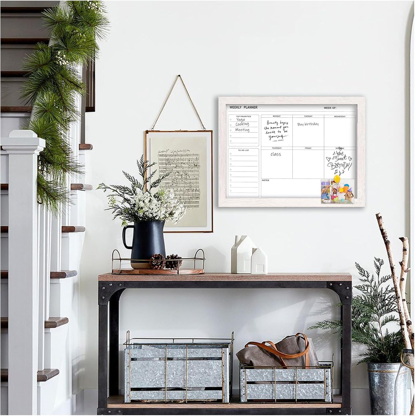 White Board Weekly Calendar Dry Erase Planner for Wall-16"X12",White Solid Wood Frame,Minimal/Modern Design, Magnetic Whiteboard Planner for to Do List, Memo, School, Home, Office, Kitchen