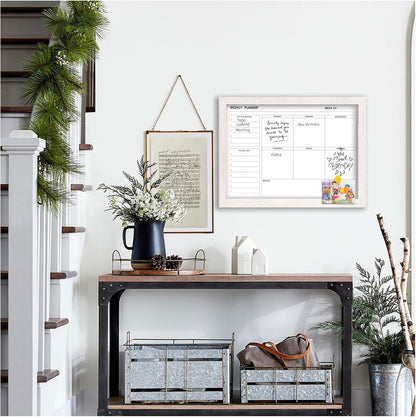 White Board Weekly Calendar Dry Erase Planner for Wall-16"X12",White Solid Wood Frame,Minimal/Modern Design, Magnetic Whiteboard Planner for to Do List, Memo, School, Home, Office, Kitchen