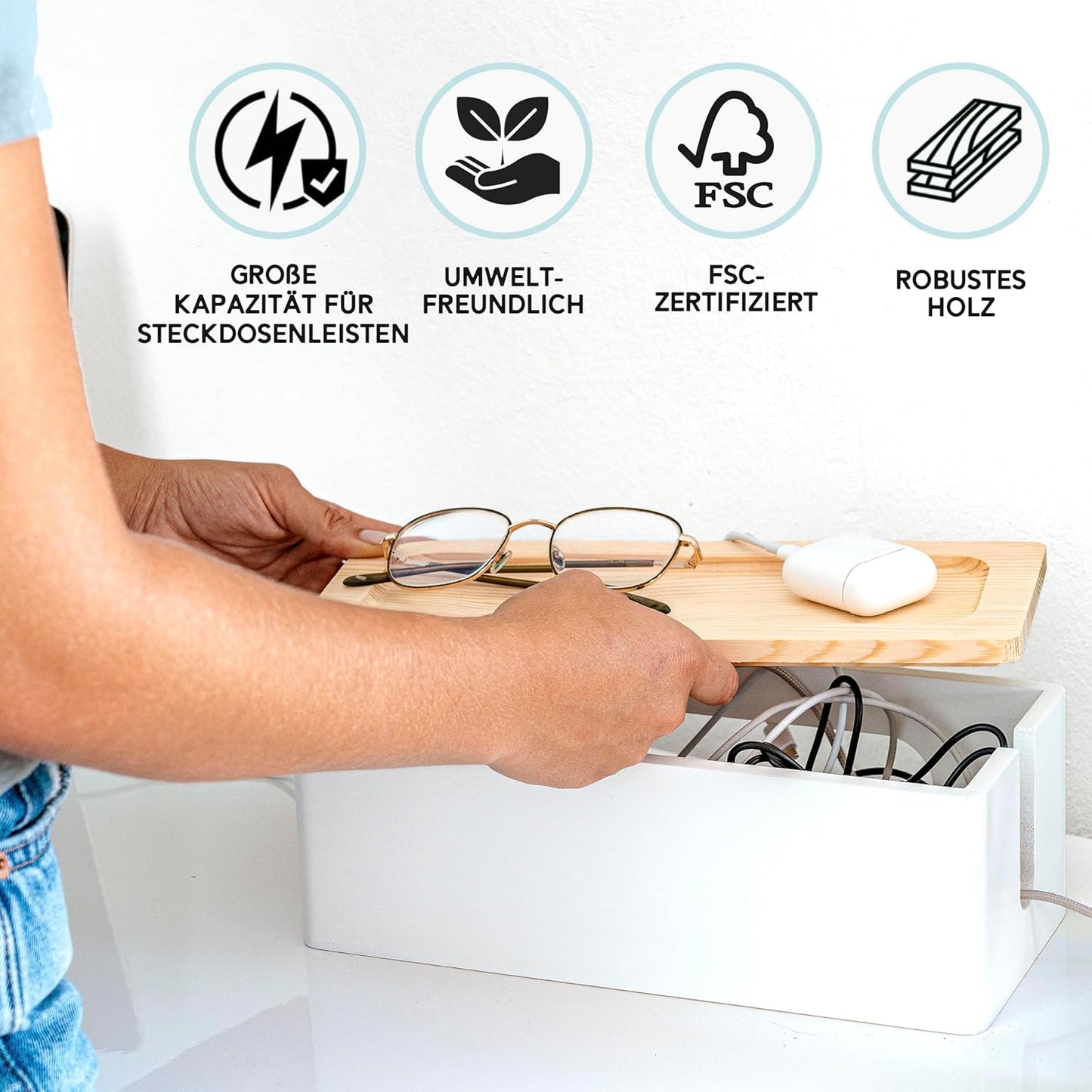 NATURE SUPPLIES Set of Two Natural Wood Cable Management Box, Large and Medium Cord Organizer to Hide Wires and Power Strips for TV, Desk, Computer, Router, Cable Storage and Cord Organization