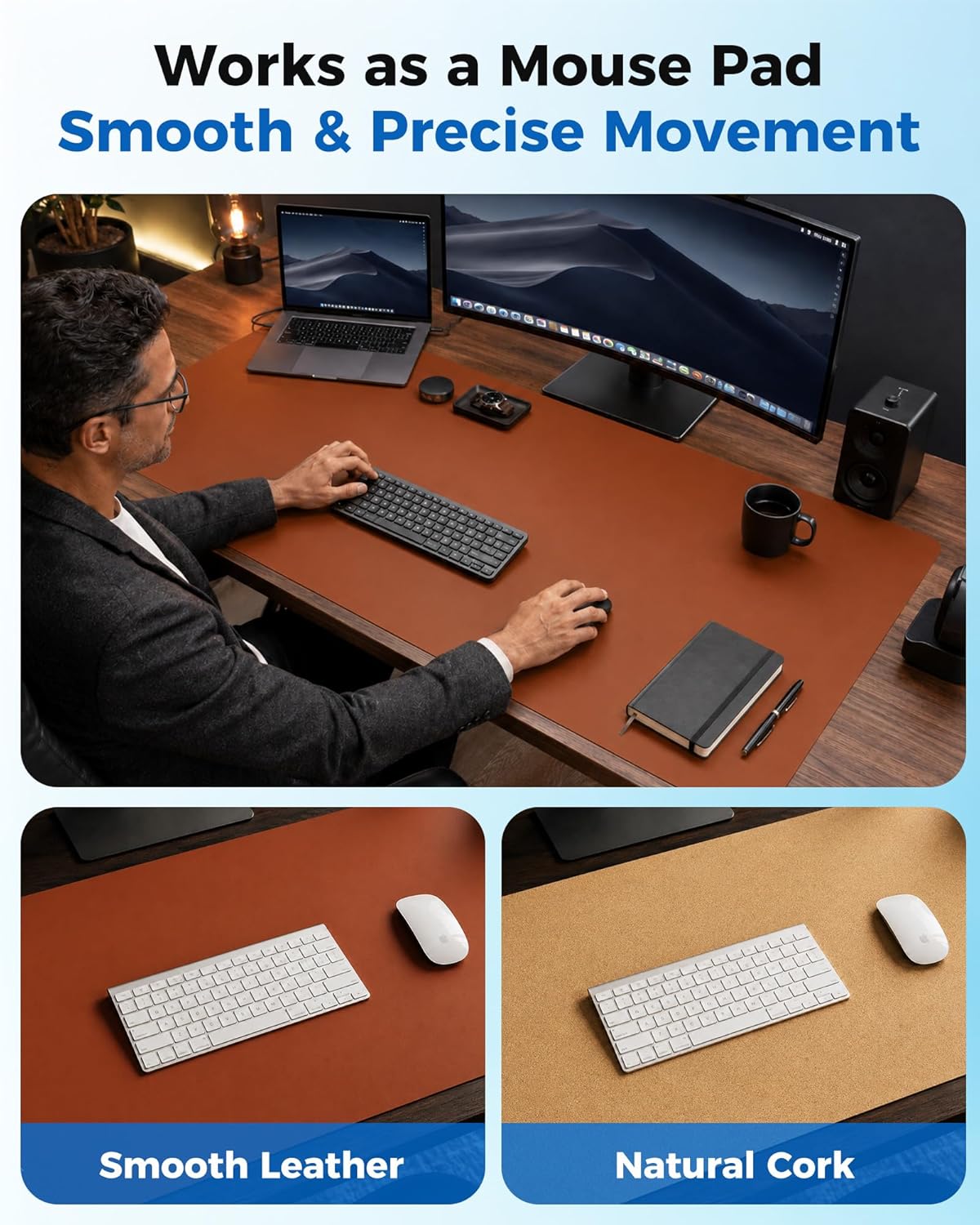 Aothia Dual-Sided Desk Pad - 25.6x13.7 inches Leather Desk Mat, Natural Cork Desk Pad Protector, Large Mouse Pad for Desk, Waterproof Desk Blotter Pad, Desk Writing Pad for Office Work/Home, Black
