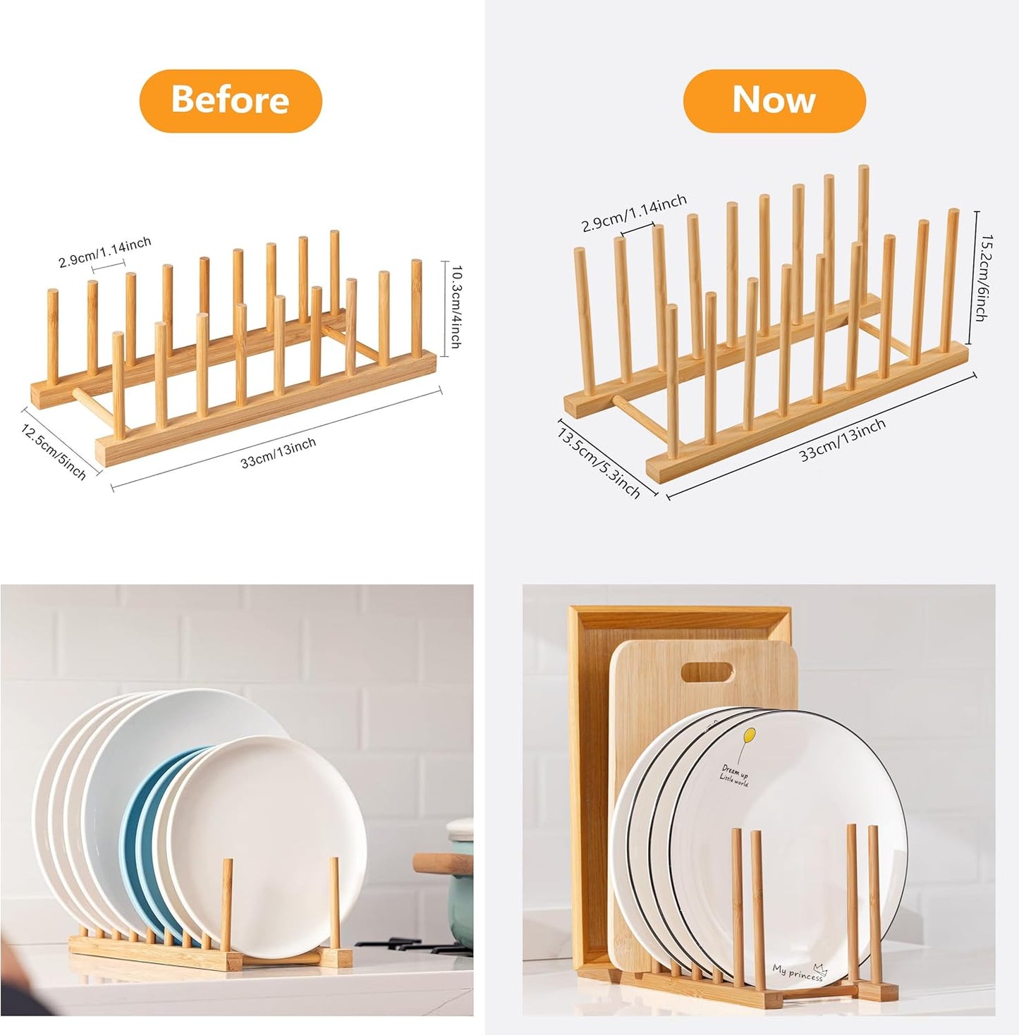 HBlife Heighten and Widen Bamboo Dish Drying Rack Plate Bowl Cup Book Pot Lid Cutting Board Stand Drainer Storage Holder Organizer for Kitchen Cabinet