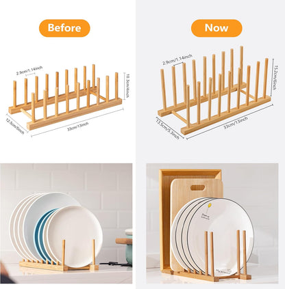 HBlife Heighten and Widen Bamboo Dish Drying Rack Plate Bowl Cup Book Pot Lid Cutting Board Stand Drainer Storage Holder Organizer for Kitchen Cabinet