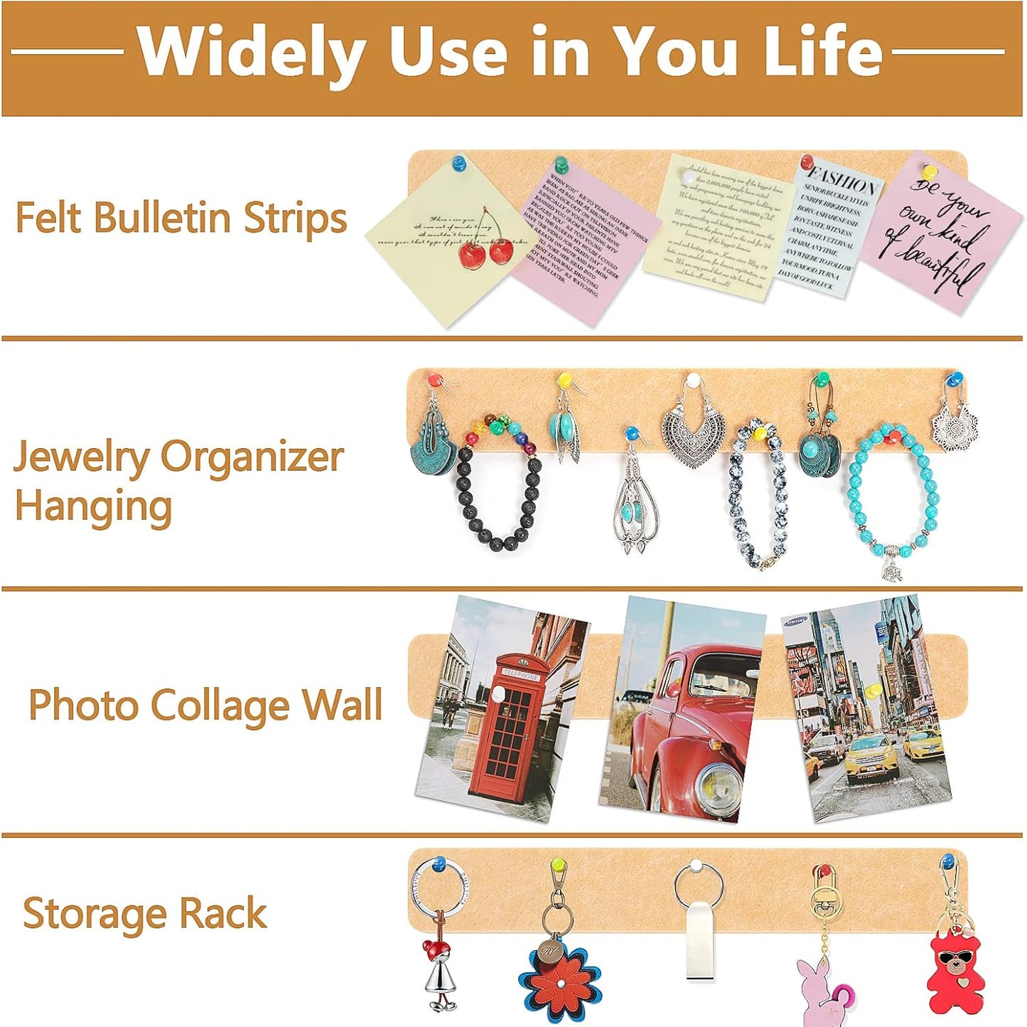 Felt Pin Board Bar Strips Bulletin Board for Bedrooms Offices Home Wall Decoration, Notice Board Self Adhesive Cork Board with 35 Push Pins for Paste Notes, Photos, Schedules