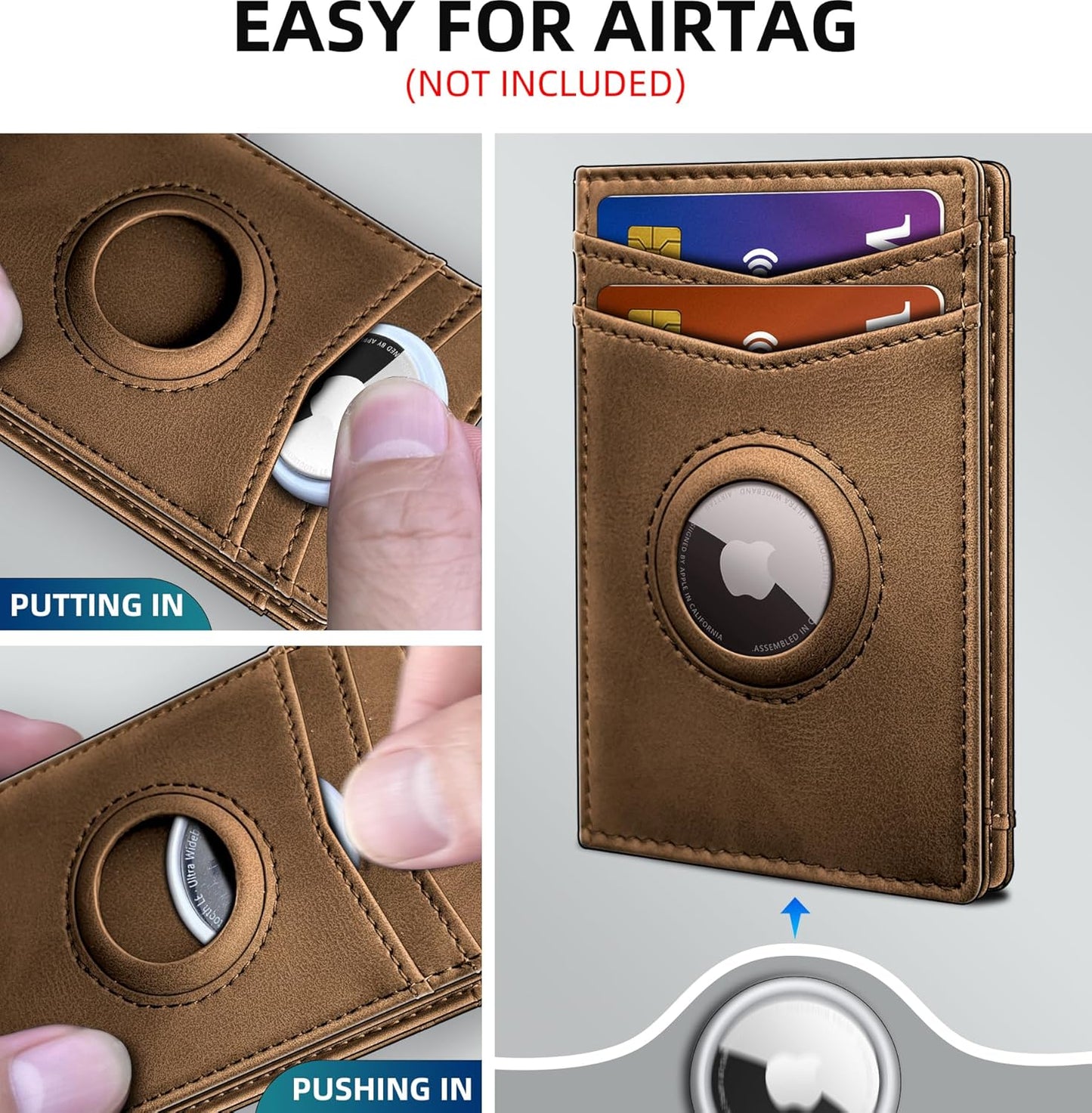 miyozi Airtag Wallet for Men- with Money Clip Gift Boxed, Magnetic Closure Slim Genuine Leather Front Pocket Wallet, 4.1"x 2.8", RFID Blocking