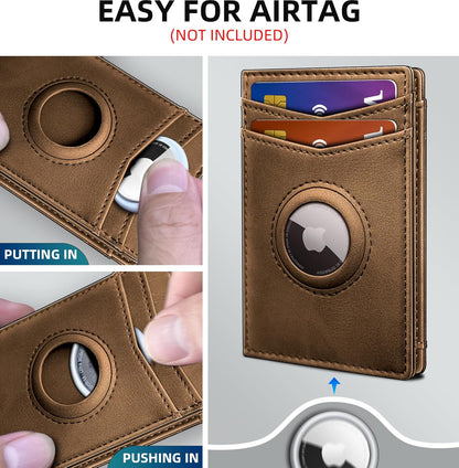miyozi Airtag Wallet for Men- with Money Clip Gift Boxed, Magnetic Closure Slim Genuine Leather Front Pocket Wallet, 4.1"x 2.8", RFID Blocking