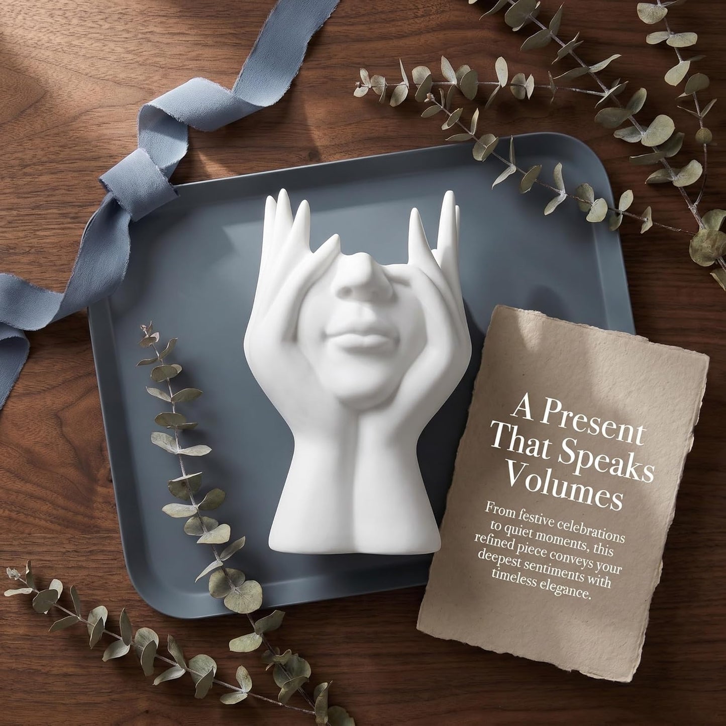 Pen Holder for Desk, Creative Face-Holding Art Sculpture Multi-Functional Organizer, Home Decor Figurine & Artificial Flower Vase Base, Desk Makeup Brush Holder, Unique Gift