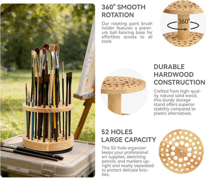 360° Rotating Brush Storage Rack|52-Hole Brush Holder|Hardwood Storage Stand|Space-Saving Brush Organizer|Suitable for Artist Brushes,Craft Tools, Makeup Brushes,Calligraphy Pens