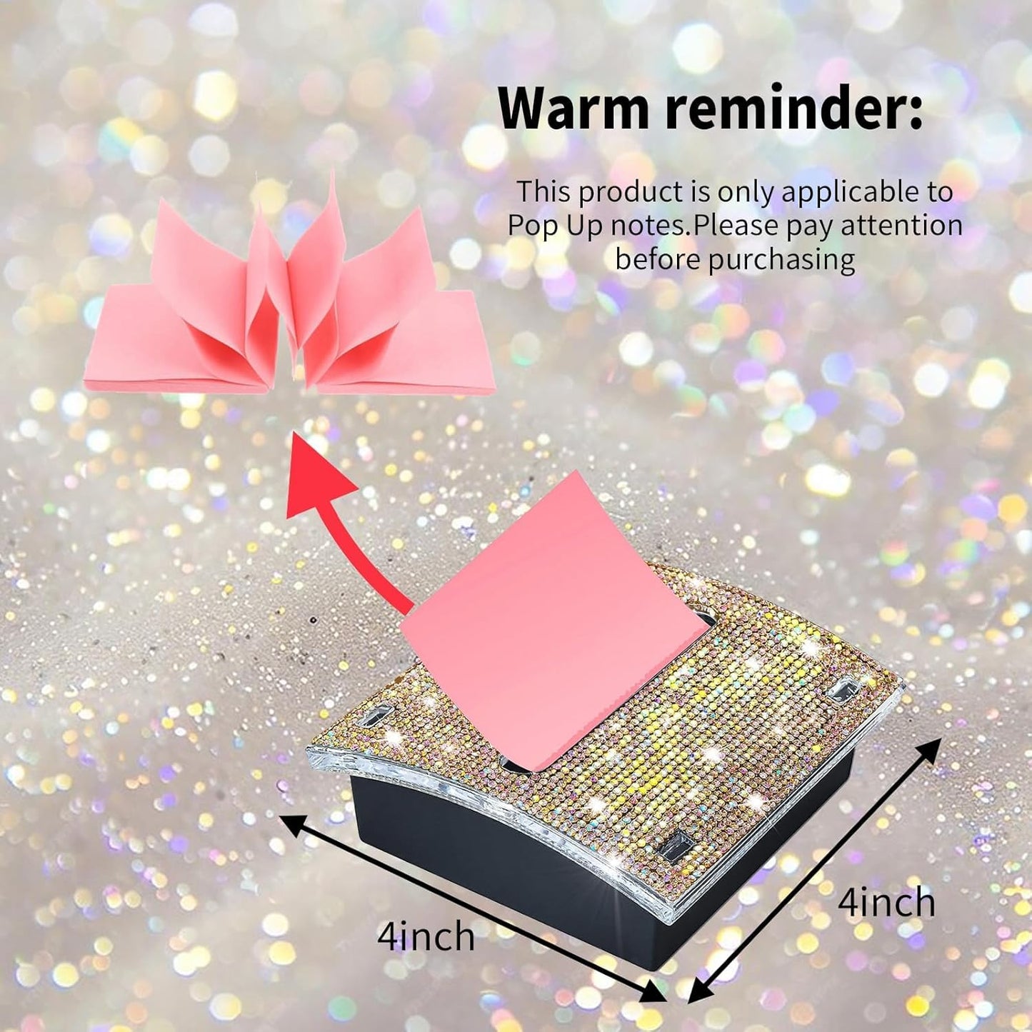 Rhinestone Self Sticky Note Holder Post it Note Dispenser Pop-Up Sticky Notes Dispenser 4 x 4 inch Post it Dispenser for Office Desk Accessories(Pink)