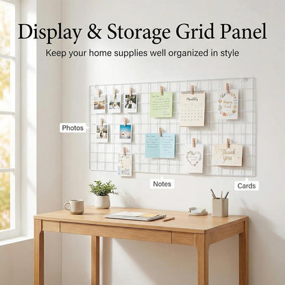 Kaforise Wire Wall Grid Panel, Wire Photo Hanging Display and Wall Storage Organizer, 10 Clips and 2 Nails Offered, Set of 1, Size 17.7" x 37.4", White