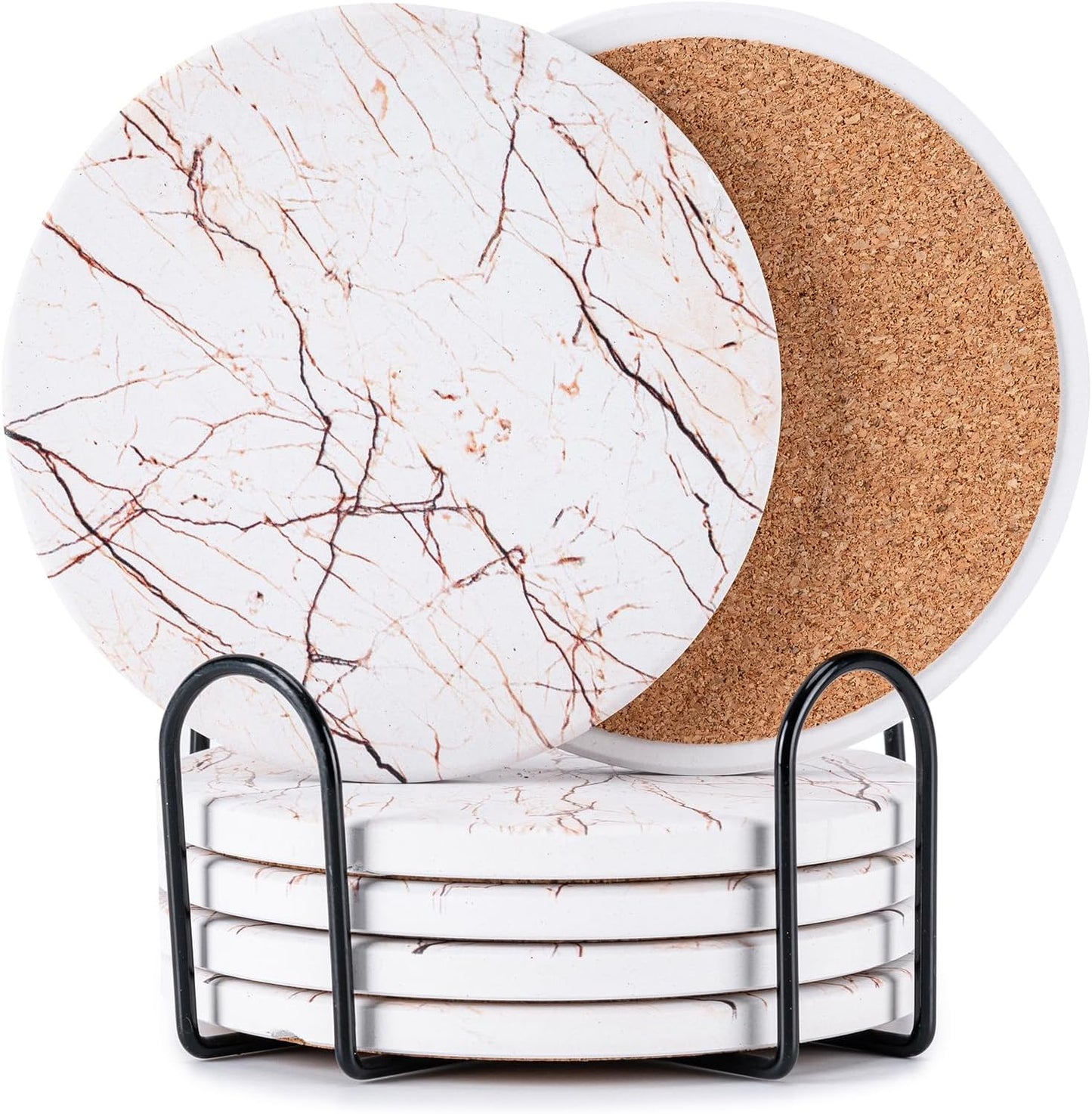 6Pcs Drink Coasters with Holder, Marble Style Ceramic Drink Coaster, Absorbent Coasters Set Suitable for Kinds of Cups, Modern Style Coaster for Coffee Table, 4 Inches