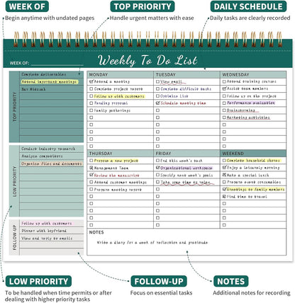 104 Pgs Weekly To Do List Notepad, 52 Duplex-Printed Undated Sheets 100 GSM（8.5"×11") Weekly Desk Planner For Work Home School Office Desk Accessories Supplies & Goal Setting Tasks - Green