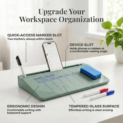 Birch Small Desktop Glass Whiteboard & Magnetic Calendar – Dry Erase Desk Pad Keyboard Stand with Storage, Adjustable Dividers, 3 Markers & Eraser – Office, Home & School (Moss)