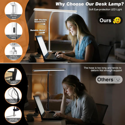 Airlonv LED Desk Lamp for Office Home, Eye-Caring Desk Light with Stepless Dimming Adjustable Flexible Gooseneck, 10W USB Adapter Desk Lamp with Clamp for Reading, Study, Workbench (Black)