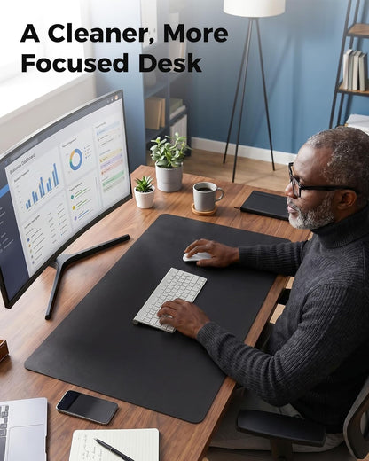 Aothia Dual-Sided Desk Pad - 25.6x13.7 inches Leather Desk Mat, Natural Cork Desk Pad Protector, Large Mouse Pad for Desk, Waterproof Desk Blotter Pad, Desk Writing Pad for Office Work/Home, Black