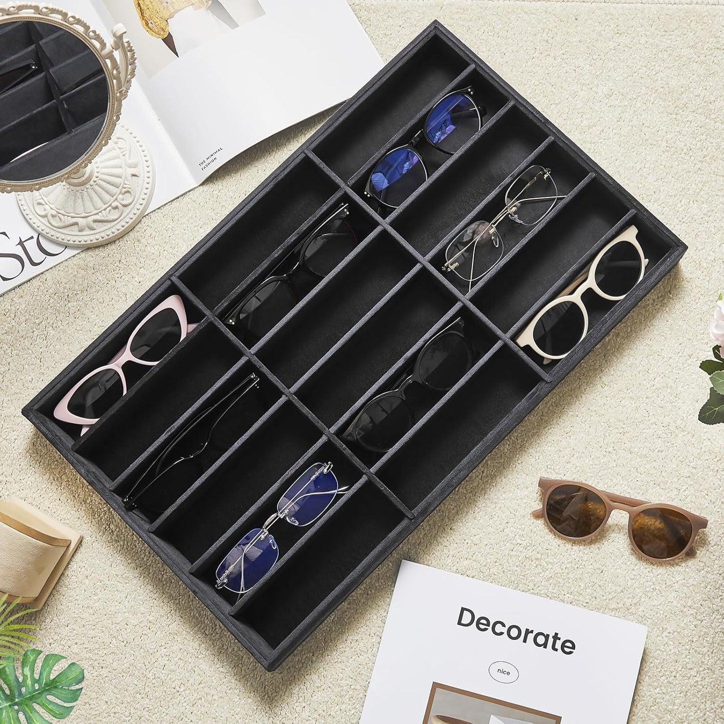 Amylove 2 Pcs Sunglass Organizer Trays Glasses Stackable Jewelry Trays Sunglass Organizer Display Box(8 Grids,Beige)