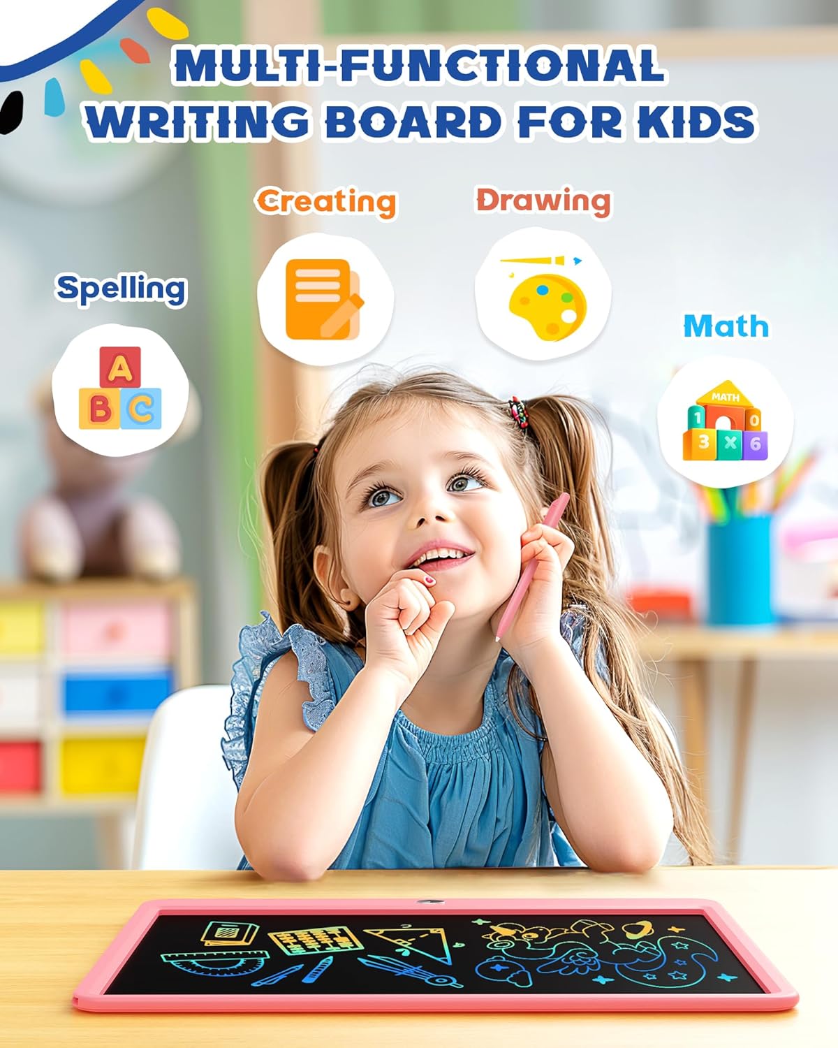 Bravokids 12 Inch LCD Writing Tablet for 3 Year Olds - Electronic Drawing Pad and Doodle Board as Educational Birthday Gifts for Girls and Boys (Pink)