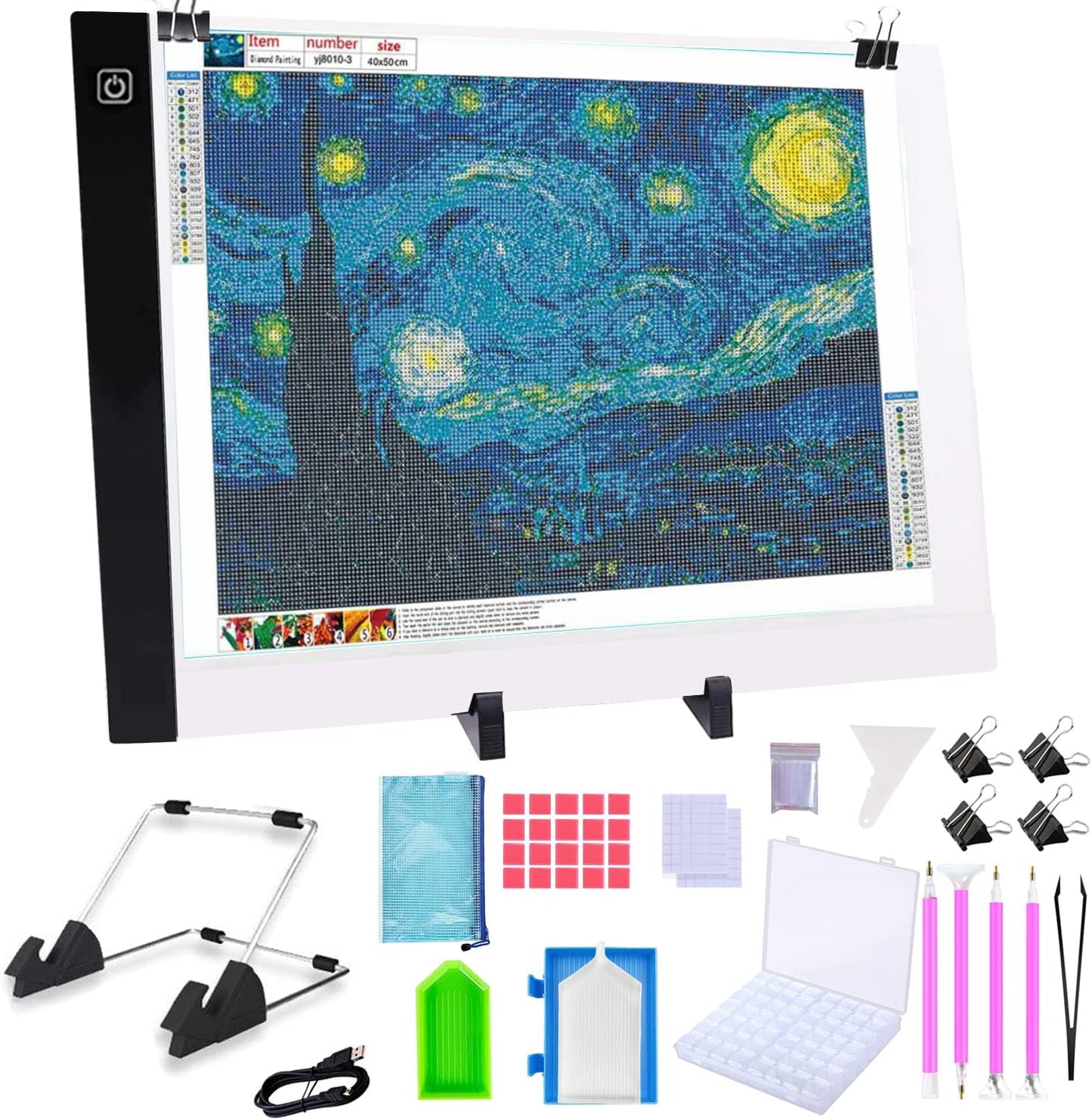 LIRUNQIU 59 Pcs Diamond Painting A4 LED Light Pad Kit, 5D Diamond Painting Accessories Tool Kit Full Drill for Adults and Kids, Supplies Includes Storage Case, Pens,Stand,Pad Board and More