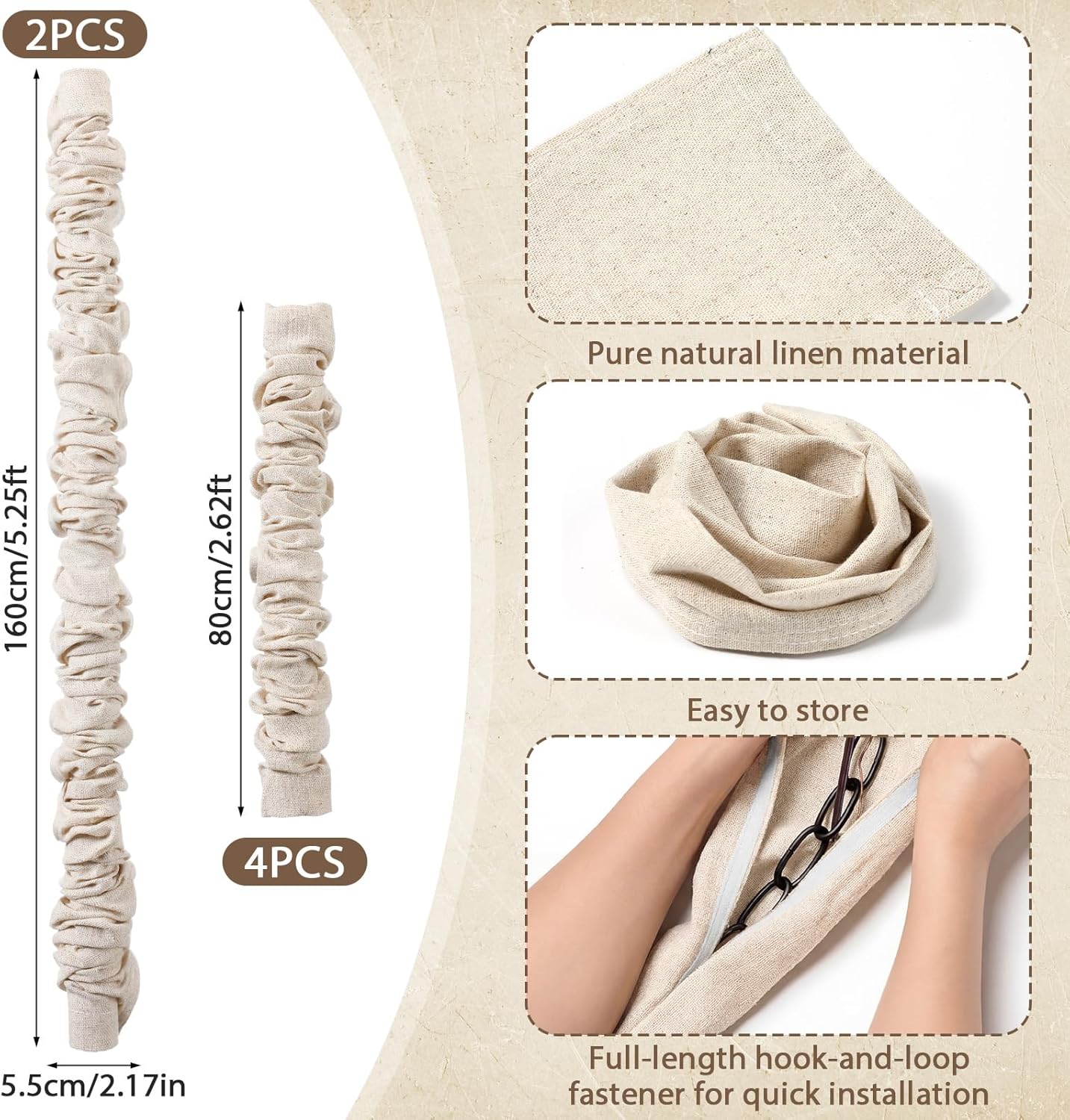 Tegeme 6 Pack Fabric Cord Cover for Electric Wire Chandelier Chain Cover Swing Chain Linen Shade with Hidden Hook Loop Closure Natural Sleeves for Chandelier Wires Cable Lamp Swing 2×5.3ft, 4×2.6ft