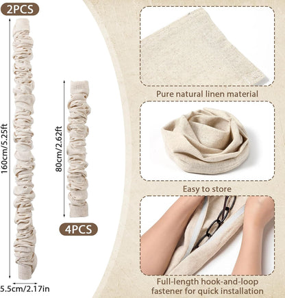Tegeme 6 Pack Fabric Cord Cover for Electric Wire Chandelier Chain Cover Swing Chain Linen Shade with Hidden Hook Loop Closure Natural Sleeves for Chandelier Wires Cable Lamp Swing 2×5.3ft, 4×2.6ft