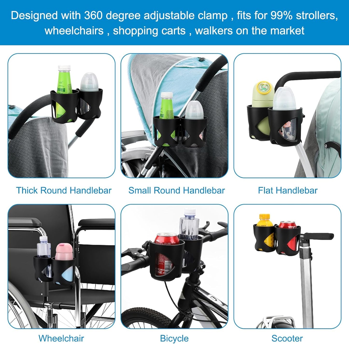 Accmor Stroller Cup Holder, Universal Cup Holder for Stroller Walker Bike, 360° Rotatable Large Caliber Designed Bottle Holder for Stroller, Bike, Wheelchair, Scooter