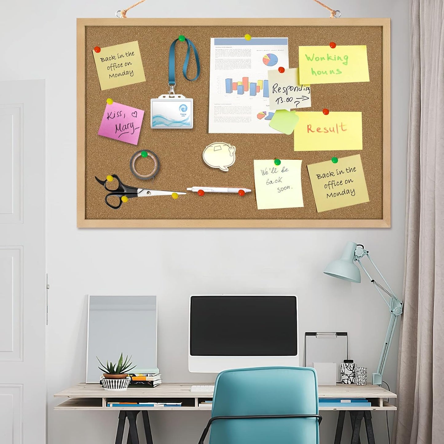 FEBSNOW Cork Board Bulletin Board 15.7 x 12 Inches with Rectangle White Frame Hanging Pin for Office Home Message Board or Vision Board Decoration
