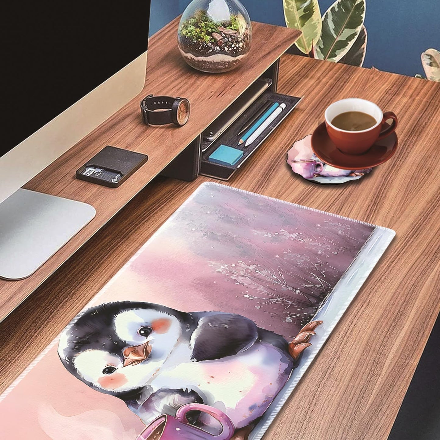 Mouse Wrist Rest and Keyboard Wrist Rest Pad Set, Non-Slip Rubber Base Smooth Surface Ergonomic Gaming Mouse Pad for Easy Typing and Pain Relief, Antique Blue Wood Grain Dog Paw + Coaster