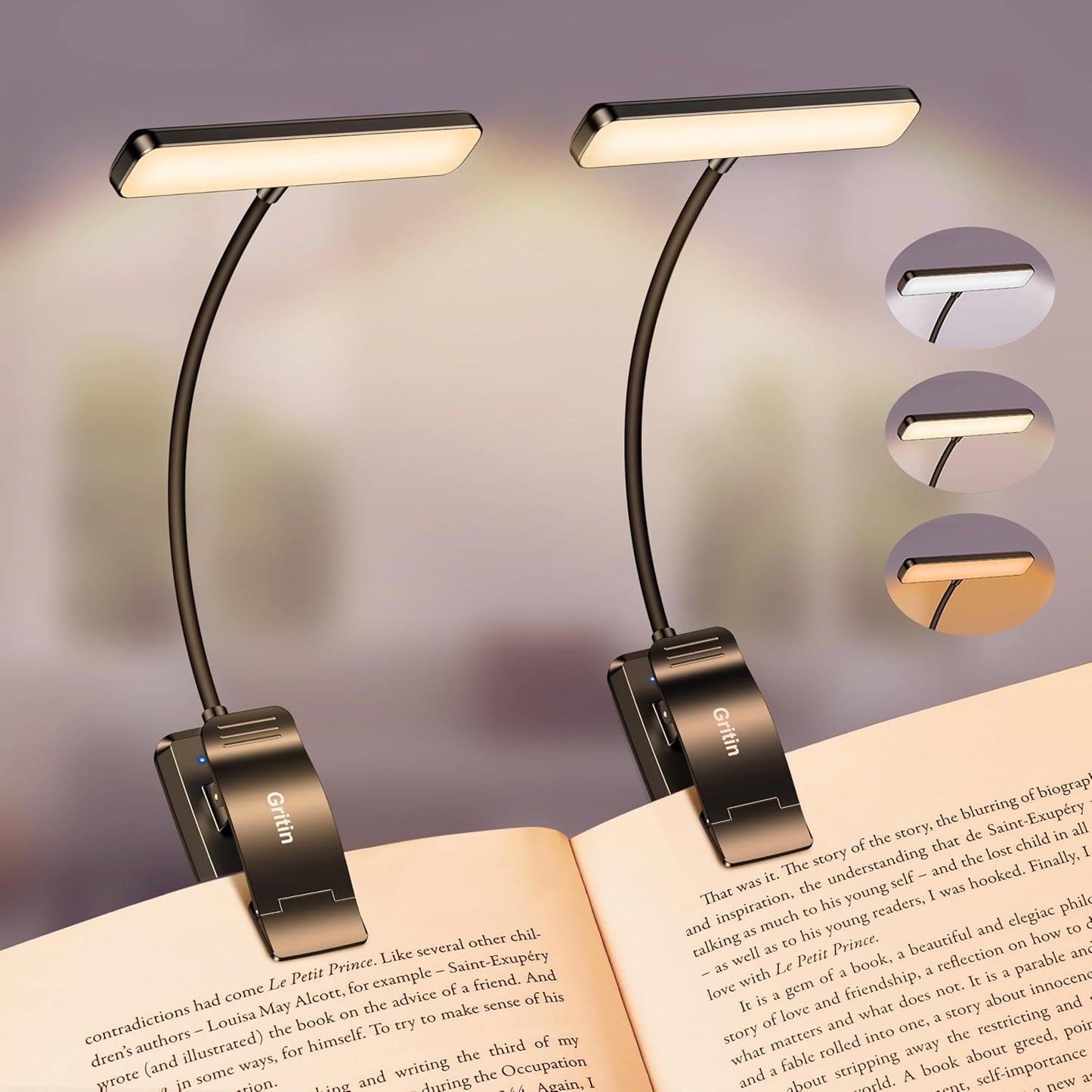Gritin 19 LED Rechargeable Book Light for Reading in Bed with Memory Function- Eye Caring 3 Color Temperatures,Stepless Dimming Brightness,90 Hrs Runtime Lightweight Clip on Light for Book Lovers