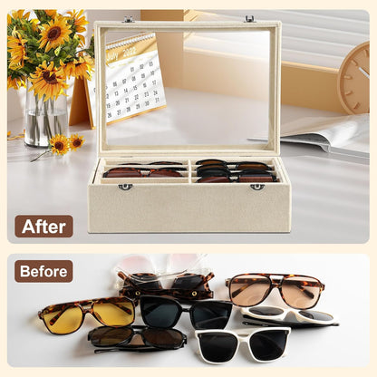 Frebeauty 16 Slots Sunglasses Organizer,2 Layer Velvet Sunglasses Tray with Glass Lid,Multiple Pairs Sunglass Display Case for Man or Woman,13.7 * 10.25 * 4.1 Inches Eyeglass/Eyewear Box (Beige)