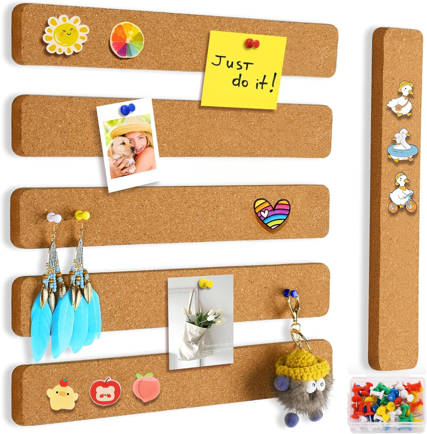 6 Pack Corkboard Strips for Walls, Self Adhesive Thick Cork Board Strips, Peel and Stick Cork Board with 50 Push Pins for Paste Notes, Photos, Schedules