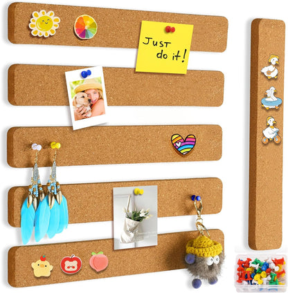 6 Pack Corkboard Strips for Walls, Self Adhesive Thick Cork Board Strips, Peel and Stick Cork Board with 50 Push Pins for Paste Notes, Photos, Schedules