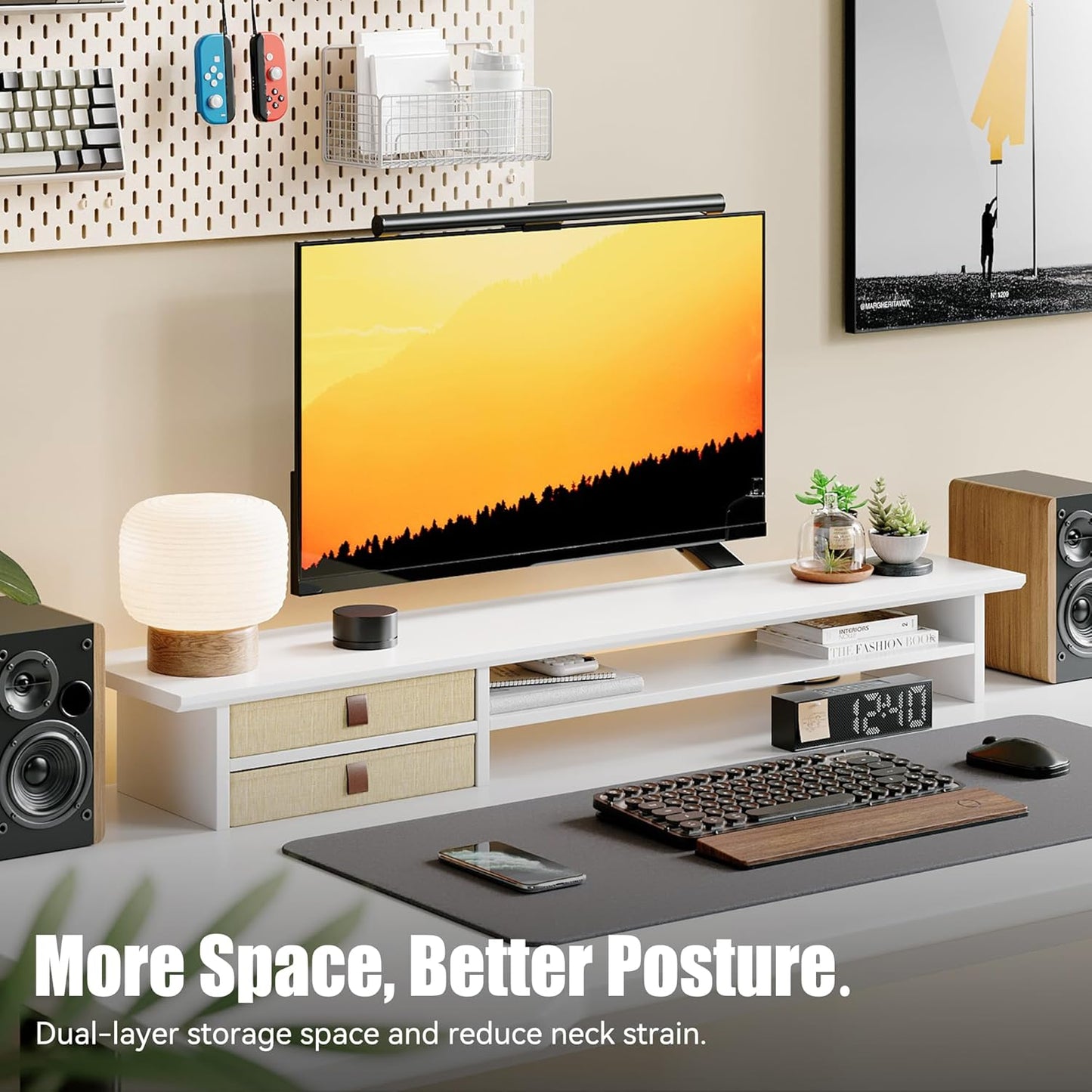 FENSULN Dual‑Tier Monitor Stand Riser with Drawers, Desktop Organizer Shelf Storage for Computer Screen 2 Monitors, Supports for PC Computer Monitor, Printer, Heavy TV Riser Brown and Black