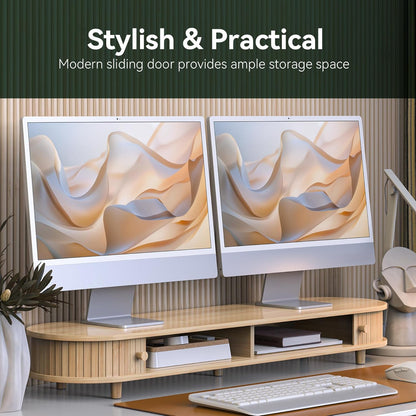 Bamboo Monitor Stand with Storage, Curved Computer Laptop Stand Desk Shelf Organizer with Sliding Doors (25 inch)