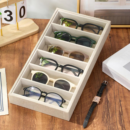 Juexica 2 Pcs Velvet Sunglasses Organizer Tray 6 Grid Sunglass Organizer Velvet Tray Stackable Glasses Display Case for Women Glasses Jewelry Display Watch (Beige)