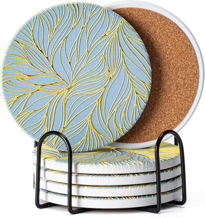 6Pcs Drink Coasters with Holder, Marble Style Ceramic Drink Coaster, Absorbent Coasters Set Suitable for Kinds of Cups, Modern Style Coaster for Coffee Table, 4 Inches