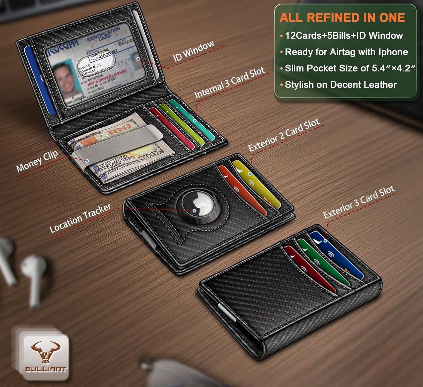 BULLIANT Men Airtag Wallet,Slim Wallet Money Clip Card Holder Magnetic Closure 12 Cards in Front Pocket RFID Blocking