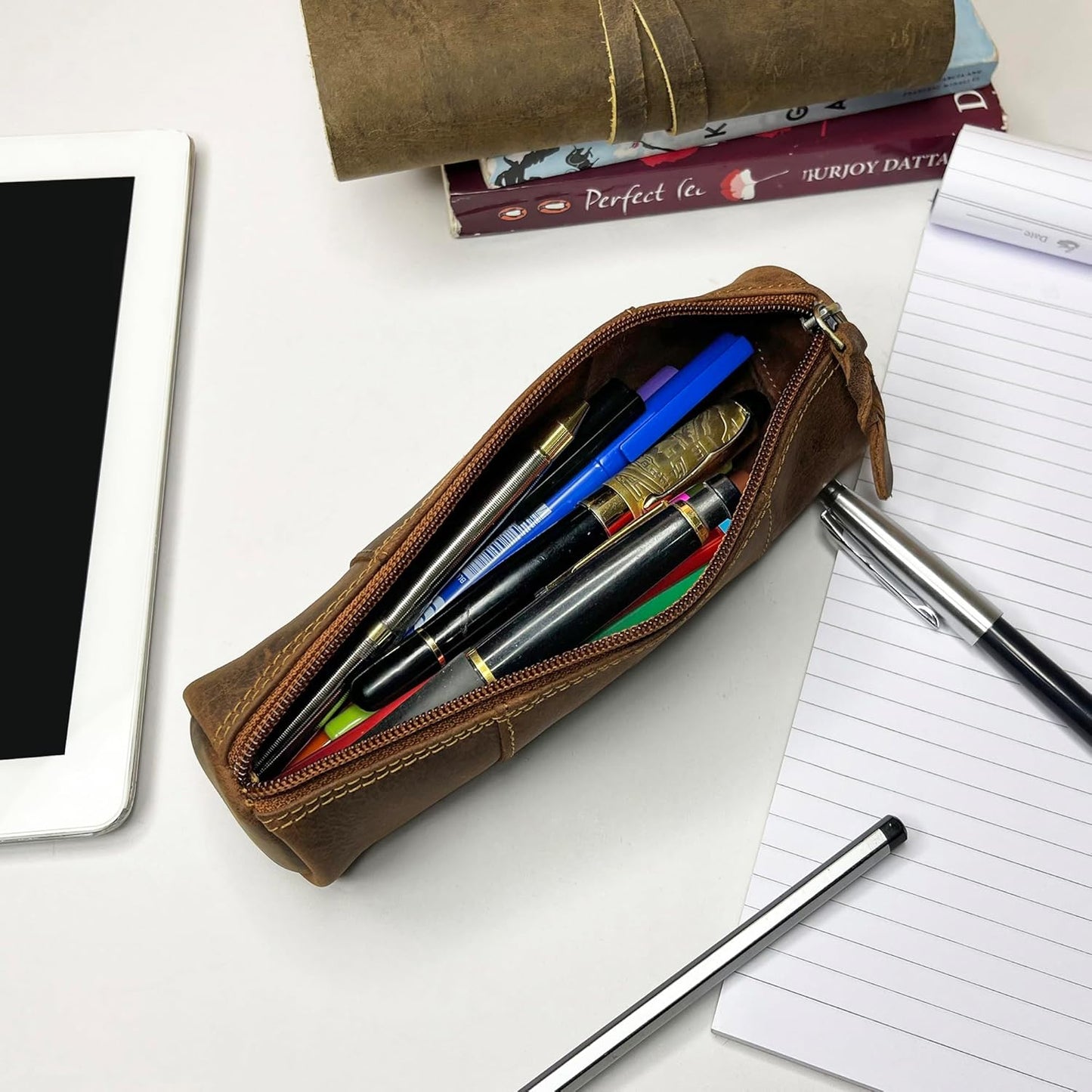 Rustic Town Leather Pencil Case - Full Grain Leather Zippered Pen Pouch - Stationery Bag Pen Holder for Work & Office