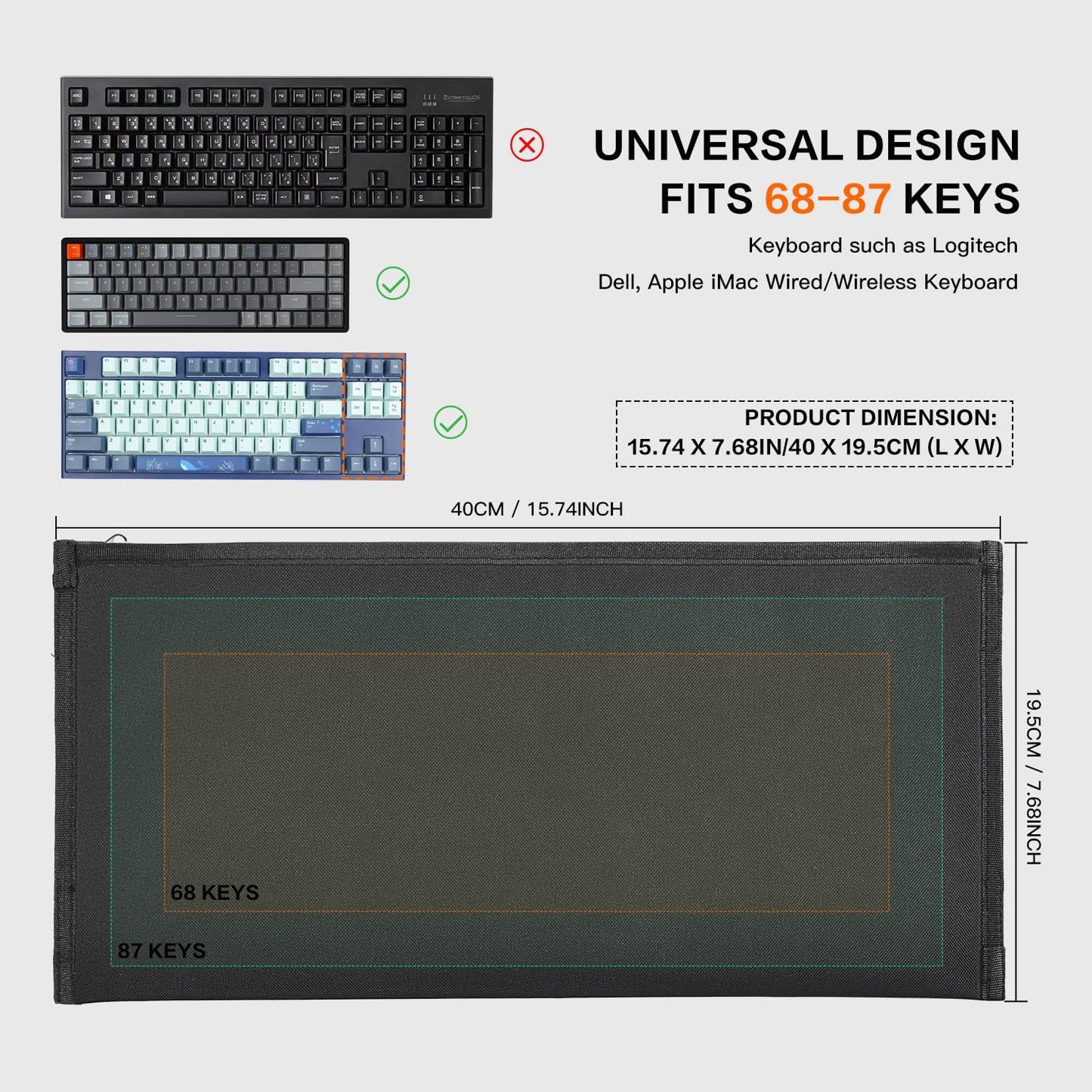 imComor Keyboard Dust Cover Sleeve Bag for Universal 60% 75% 80% Wireless/Wired Gaming PC Computer Keyboards Dust Cover, Logitech/Dell/Corsair/Redragon/Arteck/Apple Keyboard Protector-Black