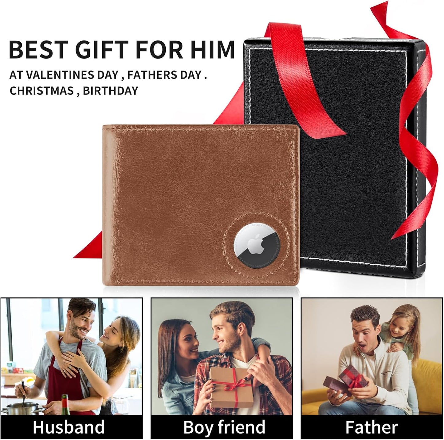GIPUSSON Slim Leather Wallet for Men Airtag Hidden, Large Bifold Mens Wallet RFID Blocking with ID Windows, Credit Card Holder for Men Wallet