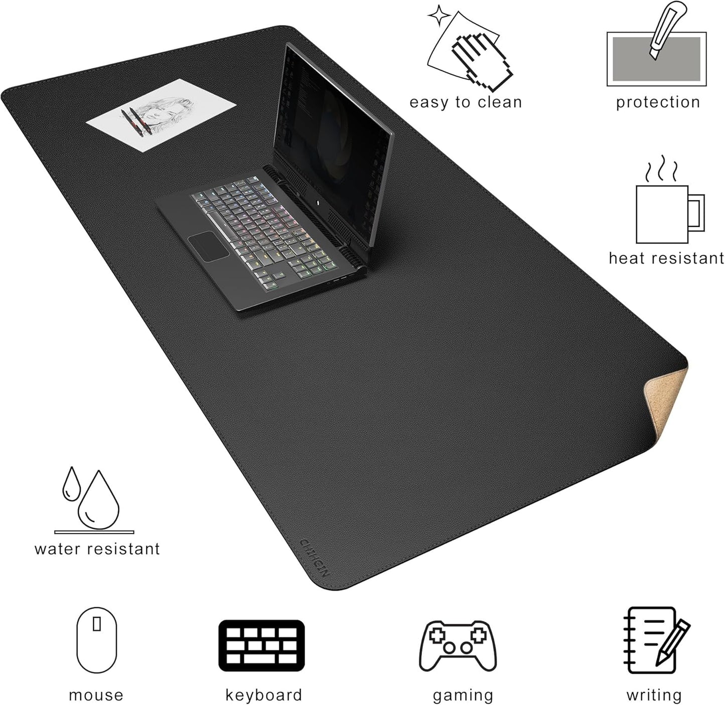 Chihein 2XL 35" x 16" Cork & PU Leather Desk Mat, Dual Sided Desk Pad Protector, Waterproof Writing Blotter for Gaming, Office, Home (Black)