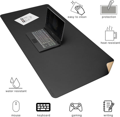 Chihein 2XL 35" x 16" Cork & PU Leather Desk Mat, Dual Sided Desk Pad Protector, Waterproof Writing Blotter for Gaming, Office, Home (Black)