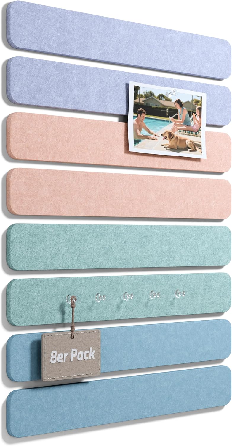 Fluxynara Cork Board Alternative Felt Strip Board 8-Pack 13"x2", Office Pin Board with 50 Push Pins, Adhesive Install for Bedroom Door & Home Office(Linen Dusk)