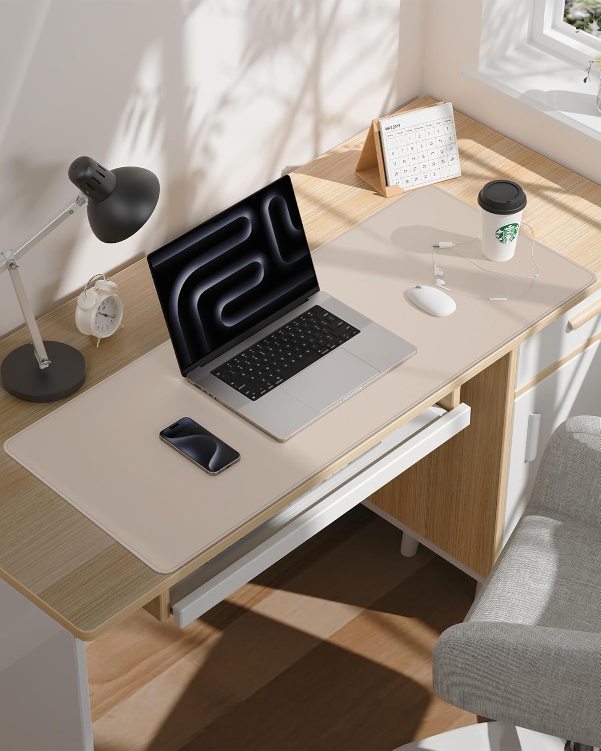 AFIING Desk Pad Protector 23.6" x 13.7" - Non-Slip Waterproof PU Leather Desk Mat for Mouse, Keyboard, Laptop, Office and Home Workspace (Beige)