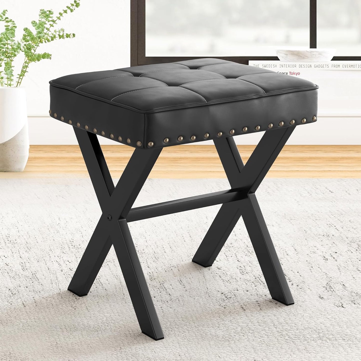 LUE BONA Square Linen Makeup Stool, Metal X Legs, Small Ottoman Stool Chair for Vanity, Modern Padded Seat Foot Rest for Makeup Room, Bathroom