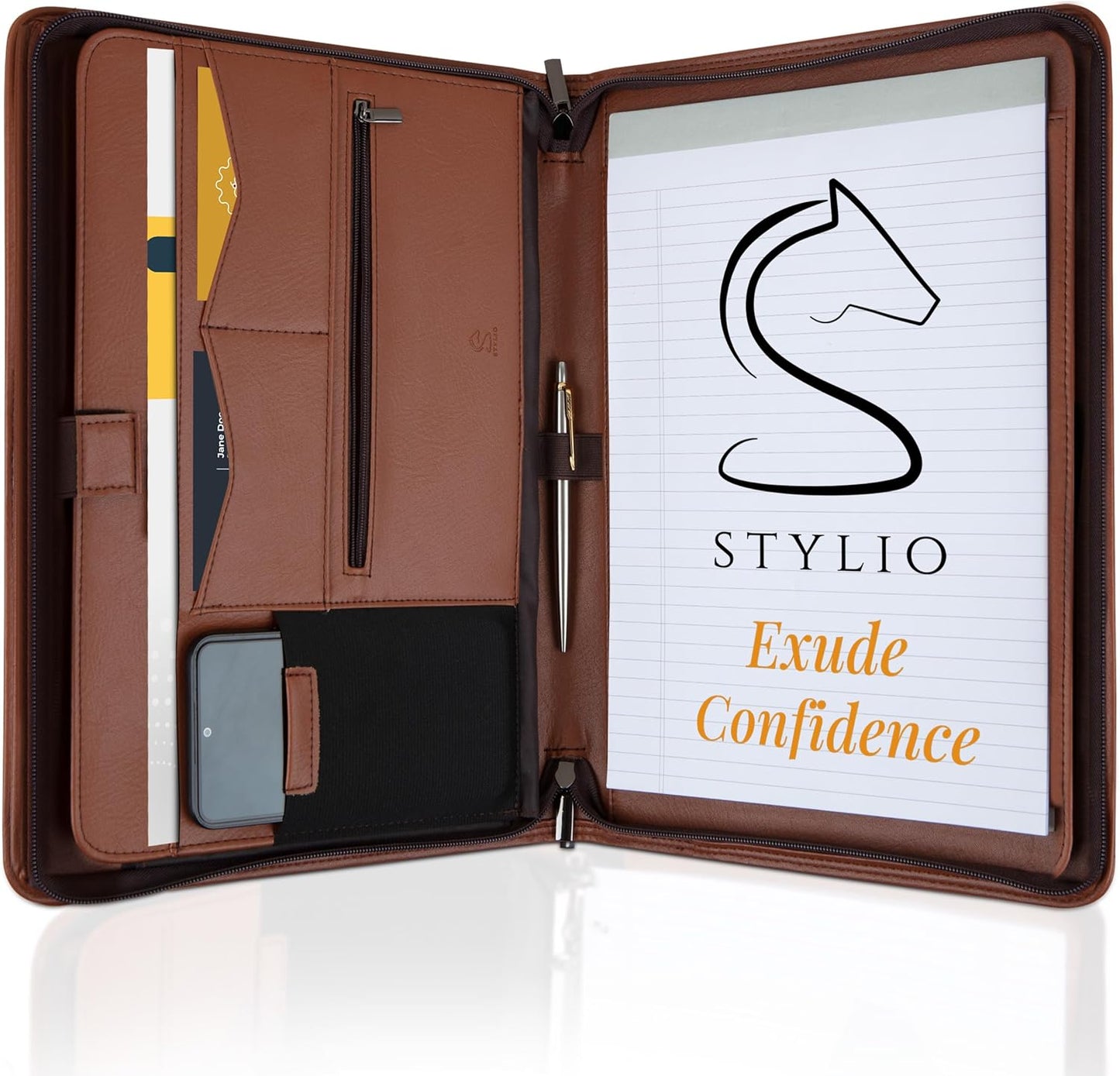 STYLIO Zipper Padfolio Portfolio Binder Organizer | Faux Leather Portfolio for Resume, Documents, Phone, Tablet, Business Supplies and Cards | Notebook Organizer with Letter Sized Notepad Included