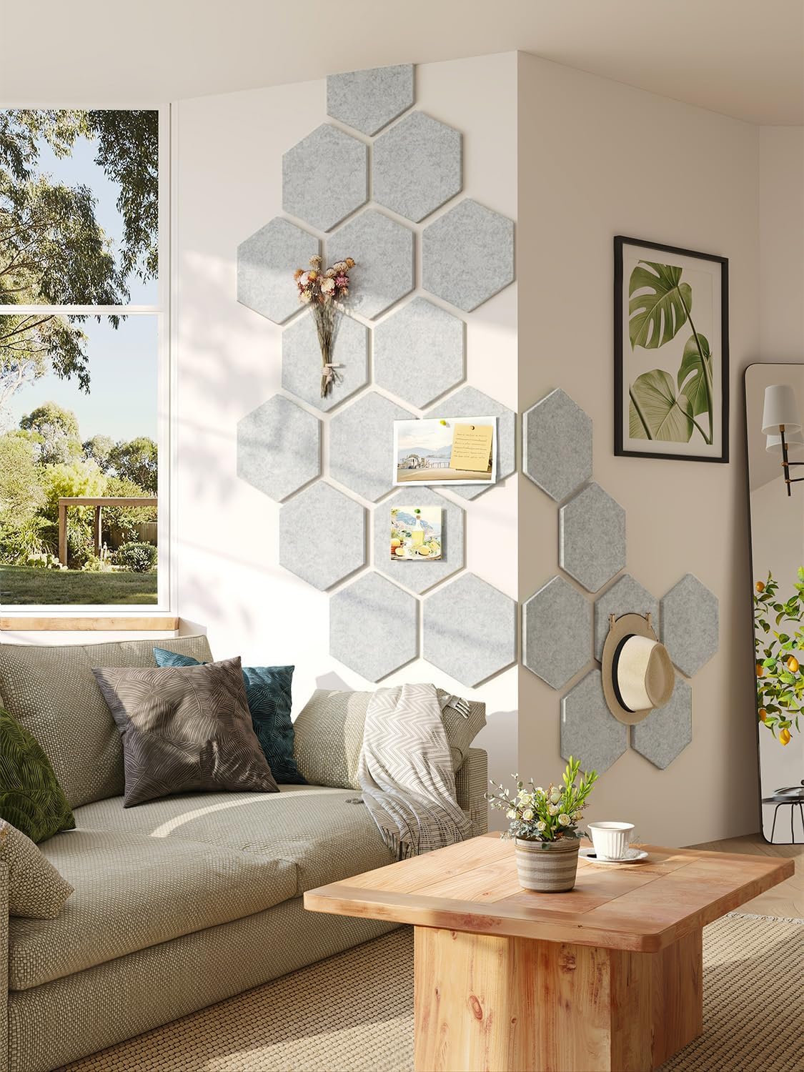 8 Pack Hexagon Felt Bulletin Board Tiles - 12" Large Thick Pin Board for Walls with 30 Push Pins, DIY Boards for Office Home School Decor, Aesthetic Hex Cork Board Alternative
