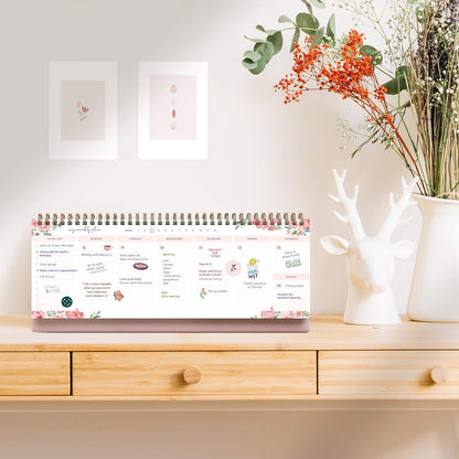 Belle Fleur Non-Dated Spiral Weekly Desk Calendar Planner, 60 Week Inspirational to Do List Pad Desktop Stand, 3.75" x 10.5", La Lune Collection by Bright Day